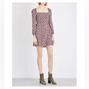 Maje Ranael Floral Smocked Mini Dress Square Neck Long Sleeve Imprimé